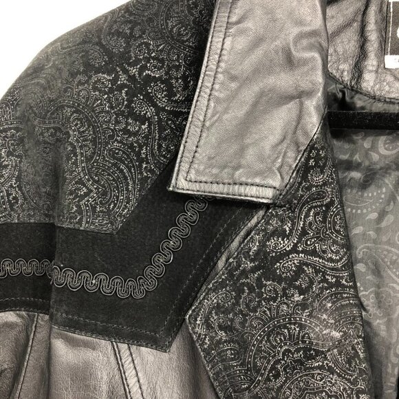 G-III Vintage Black  1980s Leather w/ Paisley Suede Trim Trench Coat LG - Picture 7 of 15